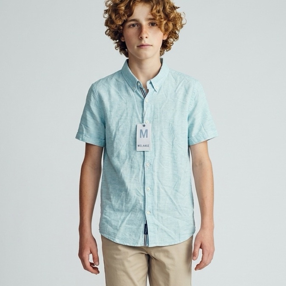 NWT Denim & Flower Boys Blue Casual Button Down Short Sleeve Shirt - Size 13/14